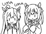 2girls animal_ears bangs closed_mouth collared_jacket commentary_request eyebrows_visible_through_hair greyscale hair_between_eyes hair_ornament hair_ribbon hairclip horse_ears jacket kemonomimi_mode labcoat long_sleeves monochrome multiple_girls nekotoufu onii-chan_wa_oshimai open_clothes oyama_mahiro oyama_mihari ribbon romaji_text simple_background sleeves_past_fingers sleeves_past_wrists smile track_jacket twintails umamusume upper_body white_background |_| 