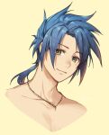  1boy blue-haired_boy_(how_to_draw_manga) forehead green_eyes hair_intakes hair_tie happy highres how_to_draw_manga how_to_draw_manga_redraw_challenge jewelry long_hair looking_at_viewer male_focus meme necklace ponytail shirtless simple_background smile solo spiked_hair tied_hair velahka yellow_background 