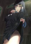  1girl bangs bare_hips black_hair blue_eyes blush breasts clothes_lift dress dress_lift glint hair_ornament kaerunoashi long_sleeves looking_at_viewer open_mouth original seductive_smile smile solo swimsuit swimsuit_under_clothes thighs 
