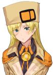  1girl ashiomi_masato blonde_hair blue_eyes closed_mouth fur_hat guilty_gear guilty_gear_strive hat long_hair looking_at_viewer millia_rage simple_background solo ushanka white_background 