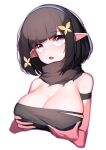 1girl absurdres arknights arm_strap bangs bare_shoulders beudelb black_hair black_tubetop blue_eyes breast_hold breasts eunectes_(arknights) eyebrows_visible_through_hair flower hair_flower hair_ornament highres large_breasts looking_at_viewer open_mouth pointy_ears short_hair simple_background solo strapless tubetop white_background 
