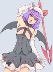  1girl absurdres bat_wings between_breasts blue_hair bow breasts clothes_between_breasts corset cosplay elbow_gloves elizabeth_bathory_(fate) elizabeth_bathory_(fate)_(all) elizabeth_bathory_(fate)_(cosplay) fate/extra fate_(series) gloves grey_background hat hat_ribbon highres mob_cap plaid plaid_skirt red_bow red_eyes red_ribbon remilia_scarlet ribbon ribbon_bra short_hair skirt slit_pupils small_breasts spear_the_gungnir suwaneko touhou wings 