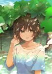  1girl brown_eyes brown_hair collarbone food fruit grape_vine grapes highres kawai_makoto off-shoulder_shirt off_shoulder original outdoors shirt short_hair solo sweat upper_body 