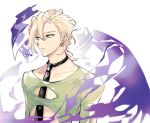  1boy blonde_hair earrings jewelry jojo_no_kimyou_na_bouken male_focus necktie pannacotta_fugo purple_eyes purple_haze_(stand) simple_background solo stand_(jojo) tiyi_(tiyi_a09) upper_body vento_aureo white_background 