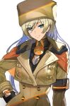  1girl ashiomi_masato blonde_hair blue_eyes breasts closed_mouth fingerless_gloves fur_hat gloves guilty_gear guilty_gear_strive hat long_hair looking_at_viewer millia_rage orange_headwear simple_background smile solo ushanka white_background 