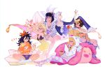  6+girls bangs black_hair blonde_hair brown_hair bruno_buccellati disney dress earrings food genderswap genderswap_(mtf) ginmu giorno_giovanna guido_mista hair_ornament hairband holding jewelry jojo_no_kimyou_na_bouken leggings leone_abbacchio long_hair makeup messy_hair multiple_girls nail_polish narancia_ghirga nightgown pannacotta_fugo parody pillow short_hair shorts sleepwear socks style_parody vento_aureo white_background white_hair 