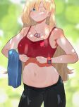  &gt;_o 1girl bare_arms blonde_hair blue_eyes blurry blurry_background breasts cleavage closed_mouth crop_top depth_of_field dog_tags hair_between_eyes large_breasts leggings long_hair looking_at_viewer miami-chan_(ryusei_hashida) midriff navel one_eye_closed original red_tank_top ryusei_hashida solo sweat tank_top towel watch wristwatch 