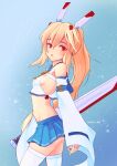  1girl arescr ass ayanami_(azur_lane) azur_lane bangs belt blonde_hair blue_skirt breasts choker commentary_request detached_sleeves eyebrows_visible_through_hair from_side greatsword hair_between_eyes hair_ornament hairclip head_tilt headgear long_hair looking_at_viewer looking_to_the_side midriff navel parted_lips pleated_skirt ponytail red_eyes retrofit_(azur_lane) ribbon-trimmed_sleeves ribbon_trim school_uniform serafuku sideboob sidelocks simple_background skirt solo thighhighs white_legwear wide_sleeves zettai_ryouiki 