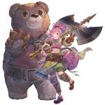  1girl abby_(shingeki_no_bahamut) animal axe backpack bag bangs bare_shoulders battle_axe bear blue_ribbon boots brown_eyes brown_footwear brown_gloves claws closed_mouth crescent crop_top eyebrows eyebrows_visible_through_hair full_body fur_collar fur_trim gloves granblue_fantasy green_shorts hair_ribbon holding holding_weapon huge_weapon leg_up looking_at_viewer navel official_art over_shoulder pink_hair puffy_pants ribbon shingeki_no_bahamut short_hair short_ponytail shorts sleeveless smile standing standing_on_one_leg transparent_background weapon weapon_over_shoulder 