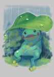  commentary_request gen_2_pokemon grass highres holding holding_leaf kikuyoshi_(tracco) leaf looking_up no_humans open_mouth pokemon pokemon_(creature) politoed rain shiny signature sitting smile solo water_drop 