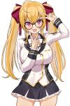  1girl absurdres ahoge black-framed_eyewear blonde_hair blush bow breasts double_v eyebrows_visible_through_hair fang glasses hair_bow highres large_breasts long_hair long_sleeves looking_at_viewer nijisanji open_mouth red_bow skin_fang smile solo takamiya_rion twintails tyoko_tanuki16 v virtual_youtuber 