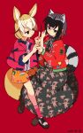  2girls alternate_costume animal_ears black_footwear black_hair black_skirt blonde_hair blue_bow boots bow brown_footwear casual commentary_request common_raccoon_(kemono_friends) dated extra_ears fennec_(kemono_friends) flag_print fox_ears fox_girl fox_tail grey_hair highres jacket kemono_friends long_skirt long_sleeves multicolored_hair multiple_girls nanana_(nanana_iz) necktie orange_shorts pink_legwear pink_shirt plaid plaid_shirt print_shorts raccoon_ears raccoon_girl raccoon_tail red_background red_jacket shirt shoes short_hair short_sleeves shorts skirt sneakers socks striped striped_neckwear tail white_hair 