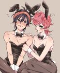  1boy 1girl androgynous animal_ears black_hair blush green_eyes hairband highres jojo_no_kimyou_na_bouken looking_at_viewer messy_hair narancia_ghirga open_mouth pantyhose pink_hair playboy_bunny rabbit_ears rii_(ri_jjriri) short_hair simple_background trish_una vento_aureo 