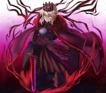  1girl absurdres armor artoria_pendragon_(fate) black_armor blonde_hair cape crown excalibur_morgan_(fate) eyebrows_visible_through_hair fate/grand_order fate_(series) full_body fur-trimmed_cape fur_trim hand_on_hilt highres nemurinemuri saber_alter sword weapon yellow_eyes 