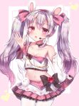  1girl :d absurdres animal_ears azur_lane bangs baozi bare_shoulders blush bow breasts commentary_request detached_sleeves eyebrows_visible_through_hair fake_animal_ears food hair_between_eyes hair_bow hairband hand_up headset heart highres himeno_ame idol jacket laffey_(azur_lane) laffey_(halfhearted_bunny_idol)_(azur_lane) leggings long_hair long_sleeves looking_at_viewer microphone midriff navel open_mouth pink_jacket pink_skirt plaid plaid_skirt pleated_skirt rabbit_ears red_eyes revision ribbon sidelocks simple_background skirt smile solo twintails waving white_hair white_legwear 