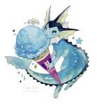  absurdres acrylic_paint_(medium) artist_name blue_eyes commentary_request eating food gen_1_pokemon gen_3_pokemon highres holding ice_cream ice_cream_cone licking no_humans number painting_(medium) pokemon pokemon_(creature) shiny star_(symbol) susutouka traditional_media vaporeon wet white_background wingull 