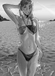  1girl aircraft airplane b1tchespeaches bikini braid breasts chainsaw_man greyscale looking_at_viewer makima_(chainsaw_man) medium_breasts monochrome navel ocean ringed_eyes swimsuit water wet 