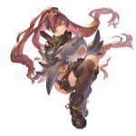  1girl armor bandaged_hands bandages belt_pouch black_leotard boots brown_legwear gauntlets granblue_fantasy leg_ribbon leotard long_hair looking_at_viewer low-tied_long_hair meg_(granblue_fantasy) official_art open_mouth pouch red_eyes red_hair ribbon shark shoulder_armor sitting strap thighhighs transparent_background ursula_(granblue_fantasy) v very_long_hair 