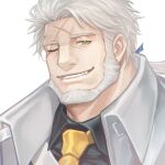  1boy bara beard black_shirt coat collared_shirt cross_scar facial_hair fangs green_eyes ina_zuma kresnik_(tokyo_houkago_summoners) looking_at_viewer male_focus mature_male necktie one_eye_closed portrait scar scar_across_eye scar_on_forehead shirt short_hair smile solo tokyo_houkago_summoners white_coat 