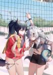  2girls animal_ears arknights beach beach_towel beach_volleyball black_hair blue_sky commentary_request earrings english_text food jacket jewelry lappland_(arknights) licking multiple_girls popsicle popsicle_stick see-through_jacket sky tail texas_(arknights) towel volleyball_net white_hair wolf_ears wolf_girl wolf_tail zhaitengjingcang 