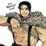  1boy abs arm_hair bara bare_pectorals beowulf_(skullgirls) chest_hair clothes_lift facial_hair forked_eyebrows grin hairy izukuxo large_pectorals lifted_by_self looking_at_viewer male_focus mature_male muscular muscular_male navel nipples pectorals shirt_lift short_hair skullgirls smile solo stomach stubble suspenders upper_body 