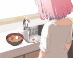  1girl bare_shoulders blue_hair blurry blurry_background bowl commentary_request cracked_egg depth_of_field egg eggshell facing_away failure faucet food highres idolmaster idolmaster_cinderella_girls indoors multicolored_hair noodles off_shoulder pink_hair shirt short_sleeves sink solo streaked_hair white_shirt you&#039;re_doing_it_wrong yukie_(kusaka_shi) yumemi_riamu 