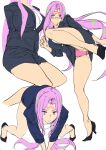  1girl ashiomi_masato breasts closed_mouth facial_mark fate/grand_order fate/stay_night fate_(series) forehead_mark formal glasses legs long_hair looking_at_viewer medusa_(fate) medusa_(rider)_(fate) panties pink_panties purple_eyes purple_hair simple_background skirt solo suit underwear very_long_hair white_background 