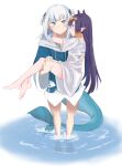  2girls aoi_(aoisaka) bangs barefoot blue_eyes blue_hair blunt_bangs carrying fish_tail gawr_gura hair_ornament highres hololive hololive_english long_hair medium_hair multicolored_hair multiple_girls ninomae_ina&#039;nis pointy_ears princess_carry purple_hair shark_girl shark_hair_ornament shark_tail silver_hair streaked_hair tail tentacle_hair virtual_youtuber wading 