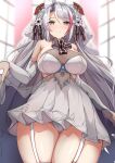  &gt;_&lt; 1girl absurdres antenna_hair azur_lane bangs blurry blurry_background blush breasts bridal_veil brown_eyes closed_eyes closed_mouth commentary_request depth_of_field dress eyebrows_visible_through_hair folding_fan from_below garter_straps grey_hair hair_between_eyes hand_fan headgear highres huge_filesize indoors large_breasts long_hair looking_at_viewer looking_down mole mole_on_breast moyoron multicolored_hair official_alternate_costume panties prinz_eugen_(azur_lane) prinz_eugen_(symphonic_fate)_(azur_lane) red_hair see-through sketch smile streaked_hair thighhighs underwear veil very_long_hair wedding_dress white_dress white_legwear white_panties window 