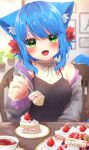  1girl :d animal_ears black_shirt blue_hair blue_string blurry blurry_background blush bow breasts cafe cake cat_ears cleavage cup fangs feeding food fork green_eyes hair_bow highres holding holding_fork jacket medium_breasts medium_hair mia_(michiru_donut) michiru_donut open_mouth original red_bow restaurant sample shirt smile solo table tea teacup watermark 