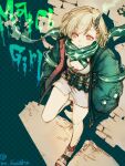  1girl bangs breasts cleavage closed_mouth from_above full_body graffiti green_hair green_jacket hair_between_eyes hands_in_pockets horns jacket leaning_back little_match_girl_(sinoalice) looking_at_viewer looking_up mu_sinoalice red_eyes red_legwear scarf shoes short_hair single_horn sinoalice smile sneakers solo standing standing_on_one_leg white_footwear 