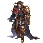  1boy arm_guards armor brown_eyes brown_hair cape draph facial_hair gauntlets geisenborger granblue_fantasy horns jewelry long_sleeves looking_at_viewer male_focus necklace official_art pendant rope single_sleeve solo star_(symbol) transparent_background 
