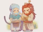  2boys :d animal_ears beard blush caineghis_(fire_emblem) chibi costume_request facial_hair fire_emblem fire_emblem:_path_of_radiance full_body grin ina_zuma lion_boy lion_ears male_focus mature_male mordecai_(fire_emblem) multiple_boys open_mouth orange_hair pectorals short_hair smile squirrel tail tiger_tail traditional_clothes 