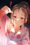  1girl black_hair blush brown_hair closed_mouth commentary_request fireworks floral_print flower forehead gomennasai hair_flower hair_ornament highres holding japanese_clothes kimono long_sleeves night original outdoors print_kimono senkou_hanabi smile solo sparkler sweat white_kimono wide_sleeves yukata 