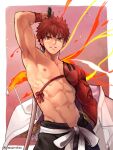  1boy abs armpits bangs bare_pectorals black_pants emiya_shirou fate/grand_order fate_(series) fire hakama hakama_pants holding holding_sword holding_weapon igote japanese_clothes katana looking_at_viewer male_focus muscular muscular_male navel nipples orange_hair over_shoulder pants pectorals red_hair senji_muramasa_(fate) short_hair smile solo stomach sword torakichi_(ebitendon) weapon weapon_over_shoulder yellow_eyes 