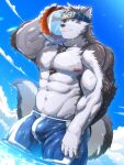  1boy abs alternate_costume animal_ears ball bara bare_pectorals blue_male_swimwear bulge chest_hair fluffy furry furry_male grey_fur grey_hair headband highres holding holding_ball horkeu_kamui_(tokyo_houkago_summoners) large_pectorals looking_at_viewer male_focus male_swimwear muscular muscular_male navel nipples pectorals scar scar_on_arm scar_on_chest short_hair silver_hair sky smile solo stomach summer swim_trunks tail tepen_(tptptpn) thick_thighs thighs tokyo_houkago_summoners two-tone_fur water wet white_fur wolf_boy wolf_ears wolf_tail yellow_eyes 