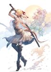  1girl au_ra bangs bare_shoulders blonde_hair boots chain commentary dragon_horns dragon_tail dress final_fantasy final_fantasy_xiv floral_background from_side full_body hair_ribbon highres holding holding_sword holding_weapon horns katana left-handed parted_lips ponytail red_eyes red_ribbon ribbon samurai samurai_(final_fantasy) scales sheath short_hair shukei sleeveless sleeveless_dress solo standing sword tail tassel thigh_boots thighhighs unsheathing weapon white_dress 