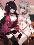  2girls animal_ear_fluff animal_ears black_choker black_hair black_legwear black_skirt blue_eyes bra breasts cat_ears choker classroom cleavage cross date_a_live frilled_bra frilled_panties frills garter_straps grey_hair hair_ornament hair_over_one_eye hairclip indoors juliet_sleeves long_hair long_sleeves looking_at_viewer medium_breasts miniskirt multiple_girls navel no_pants off_shoulder open_clothes open_shirt panties parted_lips pleated_skirt puffy_sleeves red_choker red_eyes red_shirt shirt short_hair side-tie_panties skirt smile stomach thighhighs thighs tobiichi_origami tokisaki_kurumi underwear very_long_hair white_bra white_panties white_shirt wide_sleeves yadapot zettai_ryouiki 