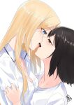  2girls akira_miku_ver black_hair blonde_hair blue_eyes breasts brown_eyes cleavage collarbone eye_contact eyebrows_visible_through_hair french_kiss highres kamikoshi_sorawo kiss light_blush long_hair looking_at_another medium_breasts multiple_girls nishina_toriko saliva saliva_trail shirt short_hair signature simple_background tongue tongue_out upper_teeth urasekai_picnic white_background yuri 