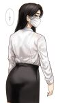  1girl ass black_hair black_skirt closed_mouth collared_shirt from_behind grey_eyes highres hoshi_san_3 long_sleeves looking_at_viewer looking_back mask miniskirt mole mole_on_ear mole_on_neck mole_under_mouth mouth_mask nape office_lady original pencil_skirt shirt sideways_glance simple_background skirt solo surgical_mask translated wet wet_clothes wet_shirt white_background white_shirt wing_collar 