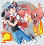  1boy bangs baseball_cap belt belt_buckle black_gloves black_hair blue_pants bo9_(bo9_nc) brown_eyes buckle buttons charmeleon claws closed_mouth commentary_request fangs fingerless_gloves fire flame frown full_body gen_1_pokemon gloves hands_up hat holding holding_poke_ball jacket male_focus open_clothes open_jacket open_mouth pants poke_ball poke_ball_(basic) pokemon pokemon_(creature) pokemon_(game) pokemon_rgby red_(pokemon) red_headwear shoes short_hair short_sleeves spiked_hair tongue white_footwear 
