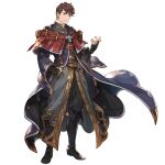  1boy boots brown_eyes brown_hair cape ear_piercing earrings fingerless_gloves gloves granblue_fantasy jewelry lobelia_(granblue_fantasy) long_sleeves looking_at_viewer official_art pendant piercing solo transparent_background 