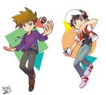 2boys bangs baseball_cap belt black_shirt blue_oak bo9_(bo9_nc) boot_straps boots brown_eyes brown_footwear brown_hair commentary_request grin hat holding holding_poke_ball jacket long_sleeves male_focus multiple_boys pants pants_tucked_in poke_ball pokemon pokemon_(game) pokemon_rgby purple_shirt red_(pokemon) red_headwear shirt shoes short_hair short_sleeves smile spiked_hair teeth ultra_ball white_footwear 