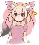  !? 1girl animal_ear_fluff animal_ears blonde_hair blush bow bowtie brown_eyes cat_teaser commentary_request elbow_gloves extra_ears eyebrows_visible_through_hair fennec_(kemono_friends) fox_ears fox_girl fox_tail gloves highres kemono_friends multicolored_hair notora pink_sweater puffy_short_sleeves puffy_sleeves short_hair short_sleeves sidelocks solo sweater tail two-tone_hair white_hair yellow_gloves yellow_neckwear 