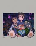  2boys alternate_costume bangs barefoot bo9_(bo9_nc) book border bowl brown_eyes brown_hair charizard claws closed_mouth dark-skinned_male dark_skin dated feet_together food gastly gen_1_pokemon gen_4_pokemon gen_6_pokemon gen_7_pokemon gen_8_pokemon grey_pants grey_shirt highres holding holding_bowl holding_phone hop_(pokemon) indoors inteleon long_sleeves male_focus mimikyu multiple_boys munchlax open_mouth pajamas pants phantump phone pikachu plaid pokemon pokemon_(creature) pokemon_(game) pokemon_swsh popcorn purple_hair rotom rotom_phone scarf shirt short_hair signature sitting snorlax swept_bangs symbol-only_commentary t-shirt tearing_up toes tongue upper_teeth victor_(pokemon) white_shirt yellow_eyes 