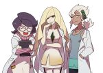  3girls :d big_hair blonde_hair burnet_(pokemon) closed_eyes commentary diamond_(shape) dress emerald_(gemstone) eyelashes glasses green_eyes hand_up holding jewelry labcoat leggings long_sleeves looking_at_viewer lusamine_(pokemon) multiple_girls necklace open_mouth parted_lips pink-framed_eyewear pokemon pokemon_(game) pokemon_sm purple_hair ribbed_sweater shirt short_dress sidelocks simple_background sleeveless sleeveless_dress sleeveless_shirt smile ssalbulre sweater tongue turtleneck turtleneck_sweater upper_teeth white_background white_dress white_hair white_legwear wicke_(pokemon) 