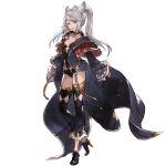  1girl animal_ears bangs braid breasts brown_eyes cleavage erune fraux granblue_fantasy high_heels jewelry long_hair long_sleeves looking_at_viewer official_art open_mouth pendant silver_hair small_breasts solo swept_bangs thighhighs transparent_background twintails 