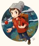  1boy bangs beanie bo9_(bo9_nc) brown_eyes brown_footwear brown_hair cable_knit commentary_request dated denim full_body grey_headwear hat holding_strap jeans male_focus open_mouth pants plaid poke_ball poke_ball_(basic) pokemon pokemon_(game) pokemon_swsh red_shirt shirt shoes sleeves_rolled_up solo standing suitcase swept_bangs tongue torn_clothes torn_jeans torn_pants victor_(pokemon) 