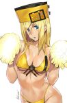  1girl ashiomi_masato bare_shoulders blonde_hair blue_eyes breasts guilty_gear guilty_gear_xrd hat long_hair looking_at_viewer millia_rage navel orange_headwear pom_pom_(cheerleading) simple_background solo swimsuit white_background 