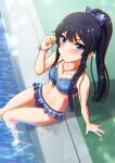  1girl bikini black_hair blue_bikini blue_eyes breasts chromatic_aberration cleavage closed_mouth highres idolmaster idolmaster_million_live! idolmaster_million_live!_theater_days jewelry kaberiemate long_hair looking_at_viewer mogami_shizuka necklace plaid plaid_bikini pool poolside sitting small_breasts soaking_feet solo swimsuit water 